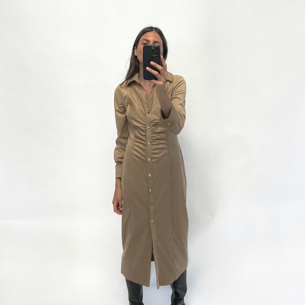 Zara suede ruched button front midi dress
